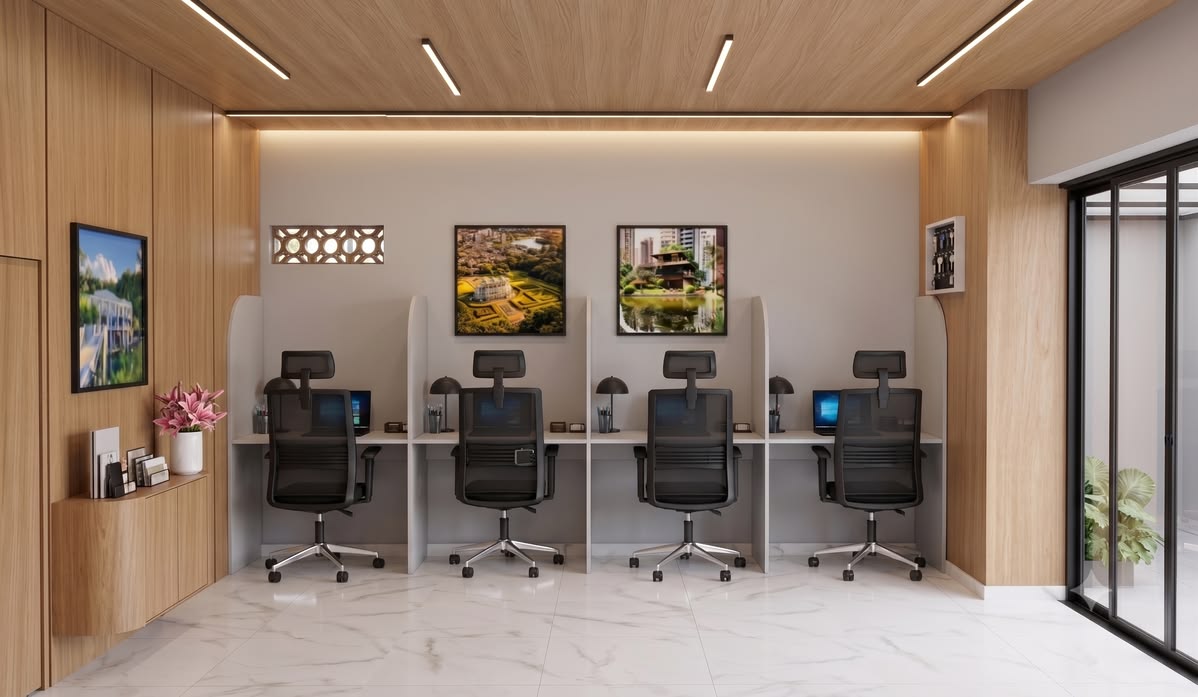 Corporate 6-Person Workstation Pod with Anti-Bacterial Melamine Table Top with Bevel #38